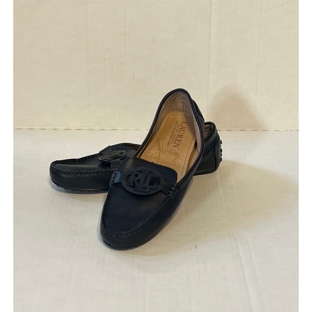 Lauren Ralph Lauren Brynne Black Leather Logo Driver Loafer Flats Shoes Women 6